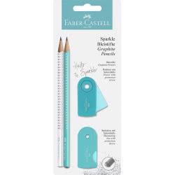 Faber-Castell Sparkle Σετ 2 Μολύβια Με Γόμα Και Ξύστρα Λευκό-Tιρκουάζ 218476 4005402184767