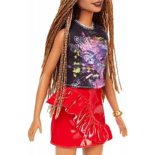 Mattel Barbie Fashionistas Doll With Long Braided Hair Girl Power T-Shirt Red Pleather Skirt FBR37 / FXL56 887961694628