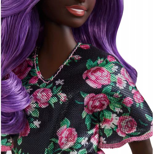 Mattel Barbie Fashionistas Κούκλα Με Μωβ Μαλλιά Φορώντας Μαύρο Floral Φόρεμα FBR37 / FXL58 887961694635