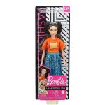 Mattel Barbie Fashionistas Doll Num 145 With Long Brunette Pigtails Wearing Orange T-Shirt, Shimmery Blue Skirt, Yellow Kicks & 