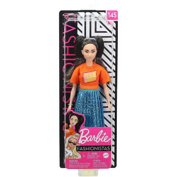 Mattel Barbie Fashionistas Doll Num 145 With Long Brunette Pigtails Wearing Orange T-Shirt, Shimmery Blue Skirt, Yellow Kicks & 