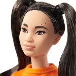 Mattel Barbie Fashionistas Doll Num 145 With Long Brunette Pigtails Wearing Orange T-Shirt, Shimmery Blue Skirt, Yellow Kicks & 