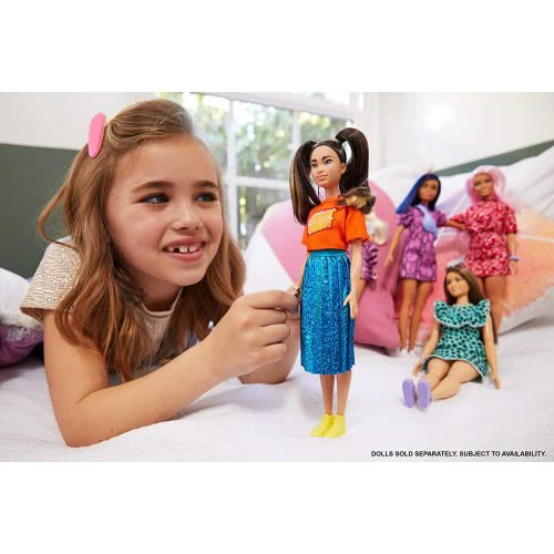 Mattel Barbie Fashionistas Doll Num 145 With Long Brunette Pigtails Wearing Orange T-Shirt, Shimmery Blue Skirt, Yellow Kicks & 