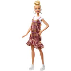 Mattel Barbie Fashionistas Doll Num 142 With Blonde Updo Hair Wearing Pink & Golden Plaid Dress FBR37 / GHW56 887961804287