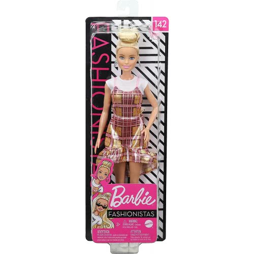 Mattel Barbie Fashionistas Κούκλα Num 142 Με Ξανθά Μαλλιά Ροζ Και Χρυσό Καρό Φόρεμα FBR37 / GHW56 887961804287