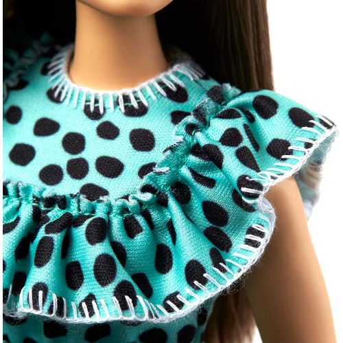 Mattel Barbie Fashionistas Doll Num 149 With Long Brunette Hair Wearing Graphic Black Aqua Polka-Dot Dress FBR37 / GHW63 8879618
