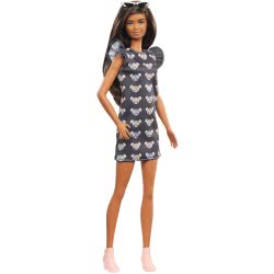 Mattel Barbie Fashionistas Doll Num 140 With Long Brunette Hair Wearing Mouse-Print Dress FBR37 / GHW54 887961804355