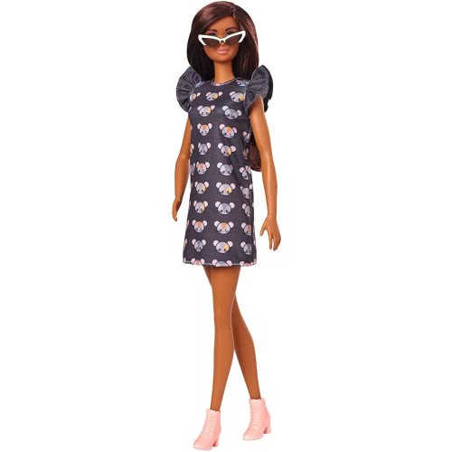 Mattel Barbie Fashionistas Doll Num 140 With Long Brunette Hair Wearing Mouse-Print Dress FBR37 / GHW54 887961804355