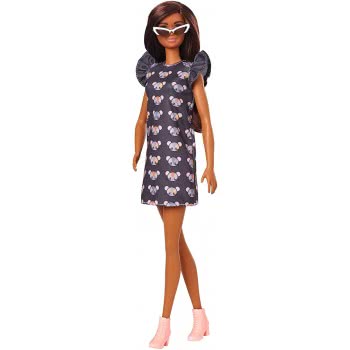 Mattel Barbie Fashionistas Doll Num 140 With Long Brunette Hair Wearing Mouse-Print Dress FBR37 / GHW54 887961804355