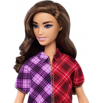 Mattel Barbie Fashionistas Doll With Long Brunette Hair Wearing Colour-Blocked Plaid Dress And Accessories FBR37 / GHW53 8879618