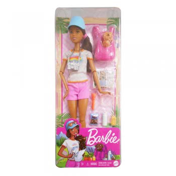 Mattel Barbie Hiking Doll Brunette, With Puppy Και 9 Accessories Including Backpack Pet Carrier, Map, Camera Και More GKH73 / GR