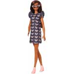 Mattel Barbie Fashionistas Doll 140 With Long Brunette Hair Wearing Mouse-Print Dress, Pink Booties And Sunglasses FBR37 / GYB01