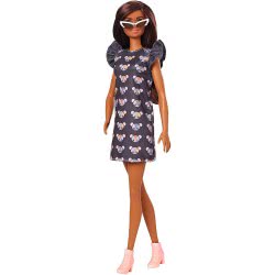 Mattel Barbie Fashionistas Doll 140 With Long Brunette Hair Wearing Mouse-Print Dress, Pink Booties And Sunglasses FBR37 / GYB01