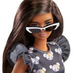 Mattel Barbie Fashionistas Doll 140 With Long Brunette Hair Wearing Mouse-Print Dress, Pink Booties And Sunglasses FBR37 / GYB01
