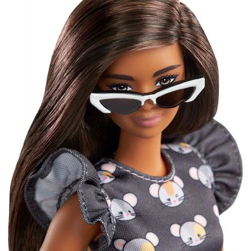 Mattel Barbie Fashionistas Doll 140 With Long Brunette Hair Wearing Mouse-Print Dress, Pink Booties And Sunglasses FBR37 / GYB01