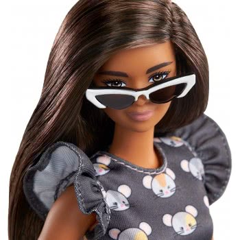 Mattel Barbie Fashionistas Doll 140 With Long Brunette Hair Wearing Mouse-Print Dress, Pink Booties And Sunglasses FBR37 / GYB01