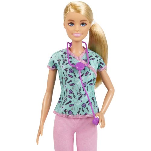 Mattel Barbie Nurse Blonde Doll (12-In/30.40-Cm) With Scrubs Featuring A Medical Tool Print Top GTW39 887961921427