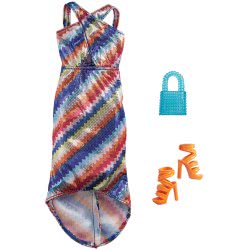 Mattel Barbie Fashion Pack With Shimmery Striped Maxi Dress, Blue Purse And Orange Shoes GWD96 / GRC03 887961900491