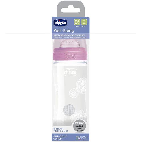 Chicco Well Being Nature Glass Bottle Pink 240Ml 0M+ A50-28721-10 8058664129935