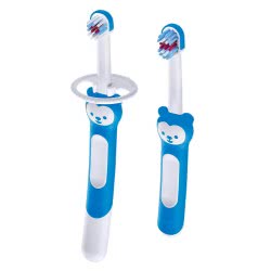 MAM Learn To Brush Set Εκπαιδευτική Οδοντόβουρτσα + Βρεφική Οδοντόβουρτσα - Μπλε - 2Τεμάχια (5M+) 608 9001616705564
