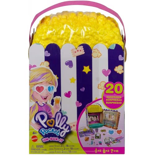 Mattel Polly Pocket Un-Box-It Playset, Popcorn Shaped Box Opens To A Movie Theater Adventure GVC96 