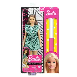 Mattel Easter Candle Barbie Fashionistas Doll Num 149 With Long Brunette Hair Wearing Graphic Black Aqua Polka-Dot Dress FBR37 /