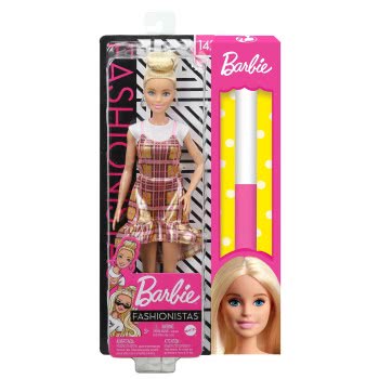 Mattel Λαμπάδα Barbie Fashionistas Κούκλα Num 142 Με Ξανθά Μαλλιά Ροζ Και Χρυσό Καρό Φόρεμα FBR37 / GHW56 