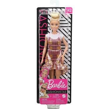 Mattel Easter Candle Barbie Fashionistas Doll Num 142 With Blonde Updo Hair Wearing Pink & Golden Plaid Dress FBR37 / GHW56 