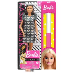 Mattel Easter Candle Barbie Fashionistas Doll Num 140 With Long Brunette Hair Wearing Mouse-Print Dress FBR37 / GHW54 