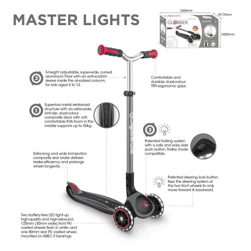 Globber Scooter Elite Master Lights Black - Red 662-120 4895224401421