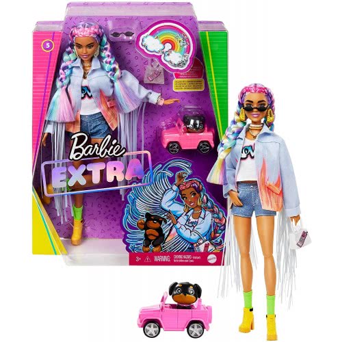 Mattel Extra Doll 5 In Long-Fringe Denim Jacket With Pet Puppy GRN29 887961908497