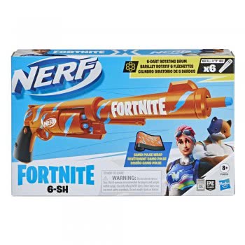 Hasbro Nerf Fortnite Six Shot Dart Blaster Camo Pulse Wrap, Hammer Action Priming, 6-Dart Drum, 6 Nerf Elite Darts F2678 5010993