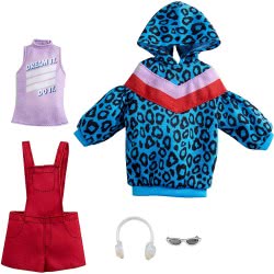 Mattel Fashions 2-Pack Clothing Set, 2 Outfits For  Doll Include Animal-Print Hoodie Dress, Graphic Top, Red Overalls GWC32 / GR