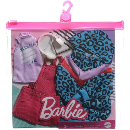 Mattel Fashions 2-Pack Clothing Set, 2 Outfits For  Doll Include Animal-Print Hoodie Dress, Graphic Top, Red Overalls GWC32 / GR