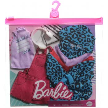 Mattel Fashions 2-Pack Clothing Set, 2 Outfits For  Doll Include Animal-Print Hoodie Dress, Graphic Top, Red Overalls GWC32 / GR