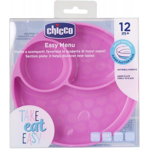 Chicco Plate With Suction Cup For Babies And Children, Silicone Plate In Compartments With 3 Areas, Soft And Durable, F05-10216-