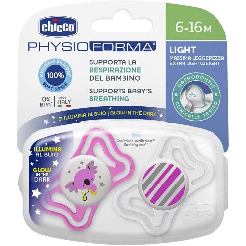 Chicco Physio Light Pacifier For Night 6-16 Months 2 Pieces C20-71033-41 8058664097258