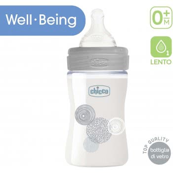 Chicco Well Being Γυάλινο Μπιμπερό Με Θηλή Σιλικόνης 0M+ 150Ml A50-28711-30 8058664129928