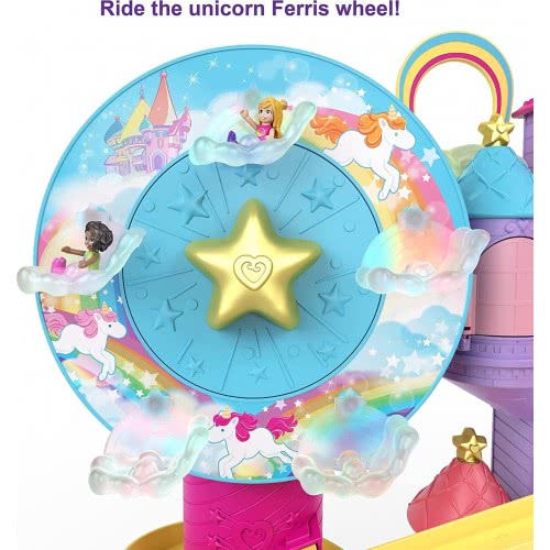 Mattel Polly Pocket Amusement Park Set, 3 Vehicles, 7 Playgrounds, 2 Dolls, Unicorns And 25 Accessories (30 Pieces In Set) GYK44
