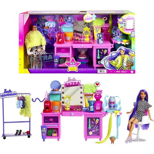 Mattel Barbie Doll And Playset Vanity With Exclusive Doll, Pet Puppy 45+ Pieces, Including Vanity, Clothes Shelf, Light M GYJ70 