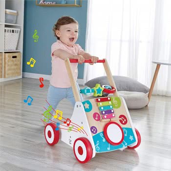 Hape My First Musical Walker Wooden Push Along Baby Walker Trainer With Music Box Και Activities E0383 6943478031104