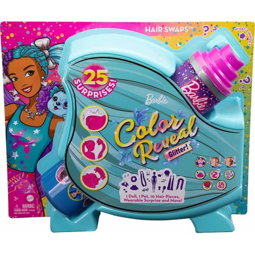 Mattel Barbie Color Reveal Doll, Glittery Purple With 25 Hairstyling Και Party-Themed Surprises Including 10 Plug Inch Hair P HB