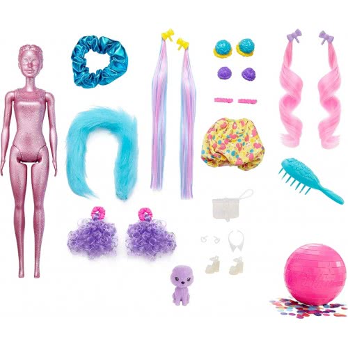Mattel Barbie Color Reveal Glitter! Hair Swaps Doll, Glittery Pink With 25 Hairstyling Και Party-Themed Surprises Including 1 HB