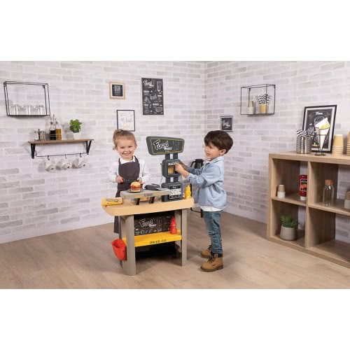 Smoby Food Corner Restaurant – Cuisine-resto 360° Avec Lecteur CB, 29 Accessoires, Plaque, Four, Friteuse – Fabrication Française – Dès 3 Ans