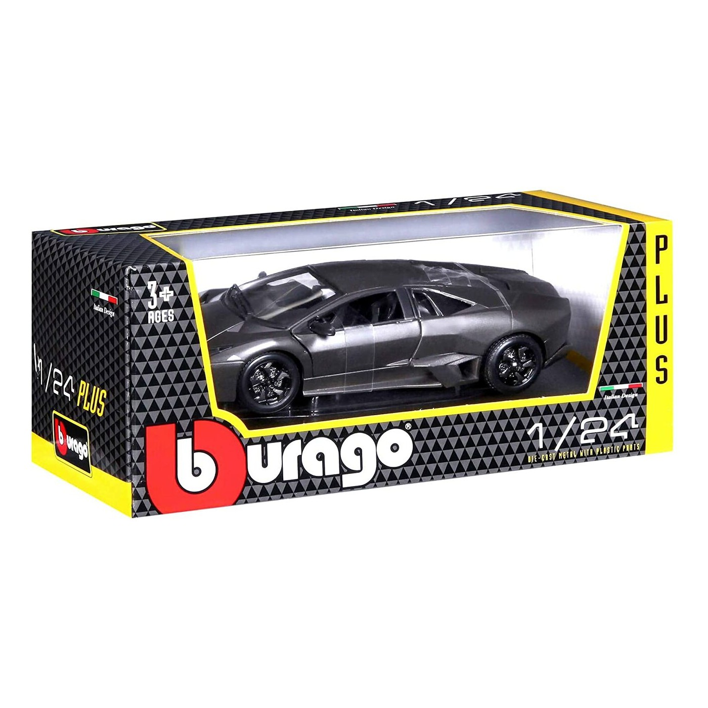 Bburago Lamborghini Reventón Modellauto 1:24 – Matt Grau/schwarz, Türen öffnen, Lenkung Funktioniert
