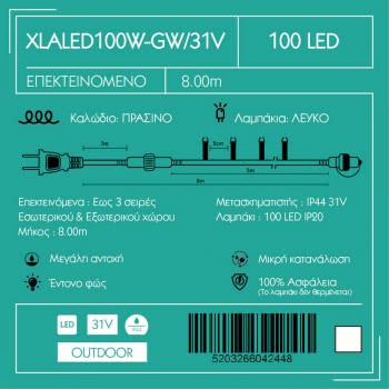 Epam 100 Χριστουγεννιάτικα Λαμπάκια LED Ψυχρό Λευκό 8μ σε Σειρά με Πράσινο Καλώδιο XLALED100W-GWW/31V 5203266042448