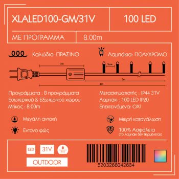 Epam 100 Χριστουγεννιάτικα Λαμπάκια LED Πολύχρωμα 8μ σε Σειρά με Πράσινο Καλώδιο και Προγράμματα XLALED100-GM/31V 5203266042684