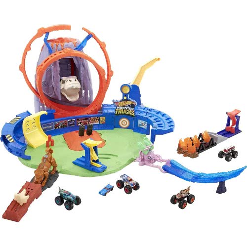 Mattel Hot Wheels Monster Trucks T-Rex Ηφαίστειο Το Playset Με Φώτα Και Τους Ήχους, Περιλαμβάνει 2 Εκτοξευτές GYL14 887961974782