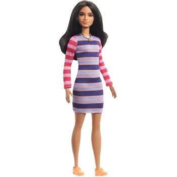 Mattel Barbie Fashionistas Doll Num 147 With Long Brunette Hair Wearing Striped Dress, Orange Shoes Necklace FBR37 / GHW61 88796