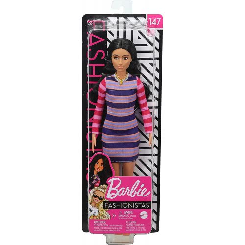 Mattel Barbie Fashionistas Doll Num 147 With Long Brunette Hair Wearing Striped Dress, Orange Shoes Necklace FBR37 / GHW61 88796